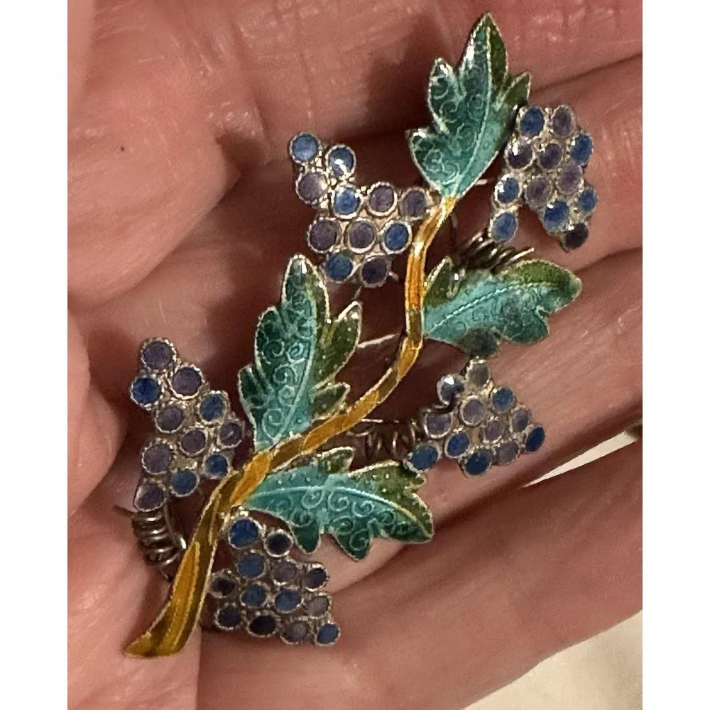 Sterling Silver & Enamel Grapevine Pin